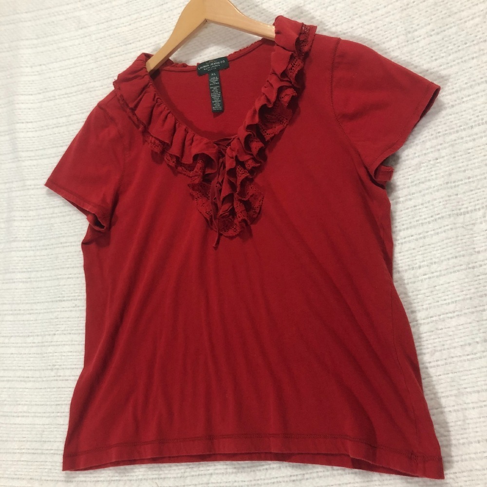Lauren Jeans Co. Ruffle Neck Top Lace Trim Short Sleeve‎ Red Blouse Petite Large